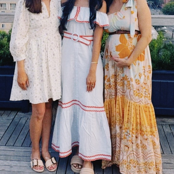 Off the Shoulder Dress, Sky Blue Linen with Red Ric Rac XS - Picture 6 of 8